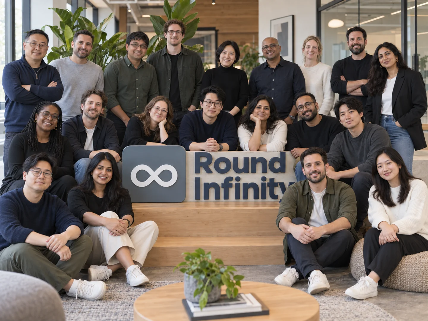 A representative Round Infinity team gathered in a modern workplace