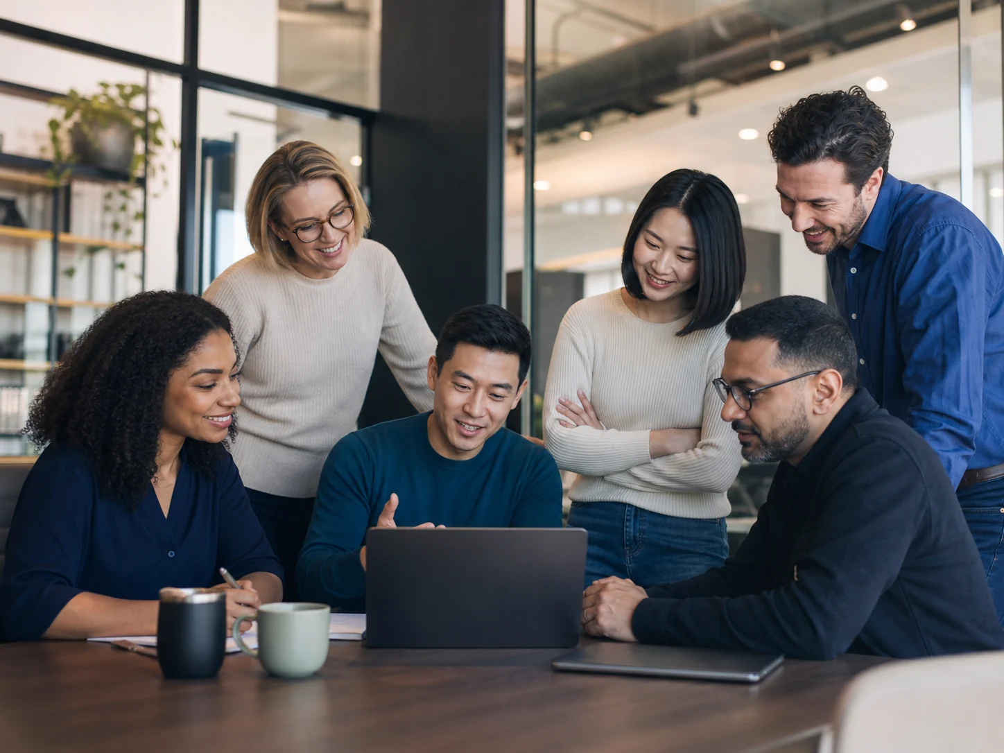 A diverse team collaborating in a modern workplace